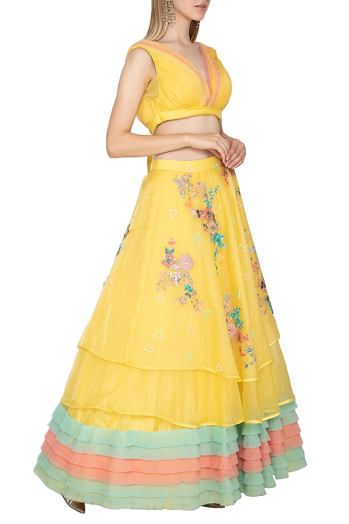 Yellow Printed Layered Skirt With Crop Top by Amit Sachdeva at Pernia's Pop Up Shop