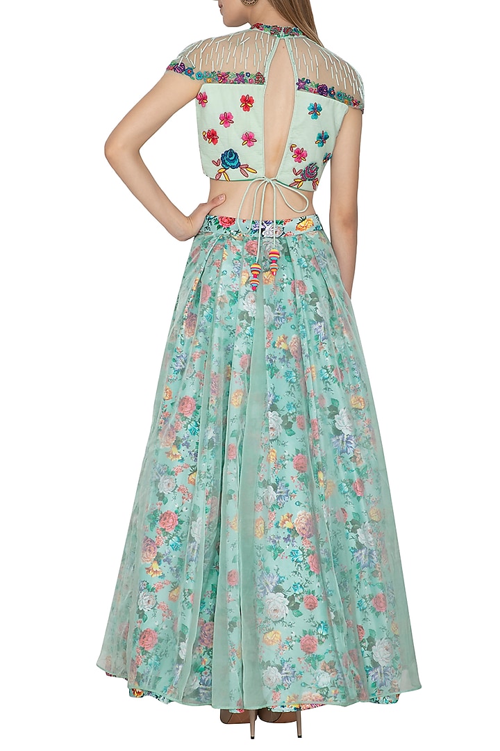 Blue Floral Printed & Embroidered Crop Top With Skirt by Amit Sachdeva at Pernia's Pop Up Shop