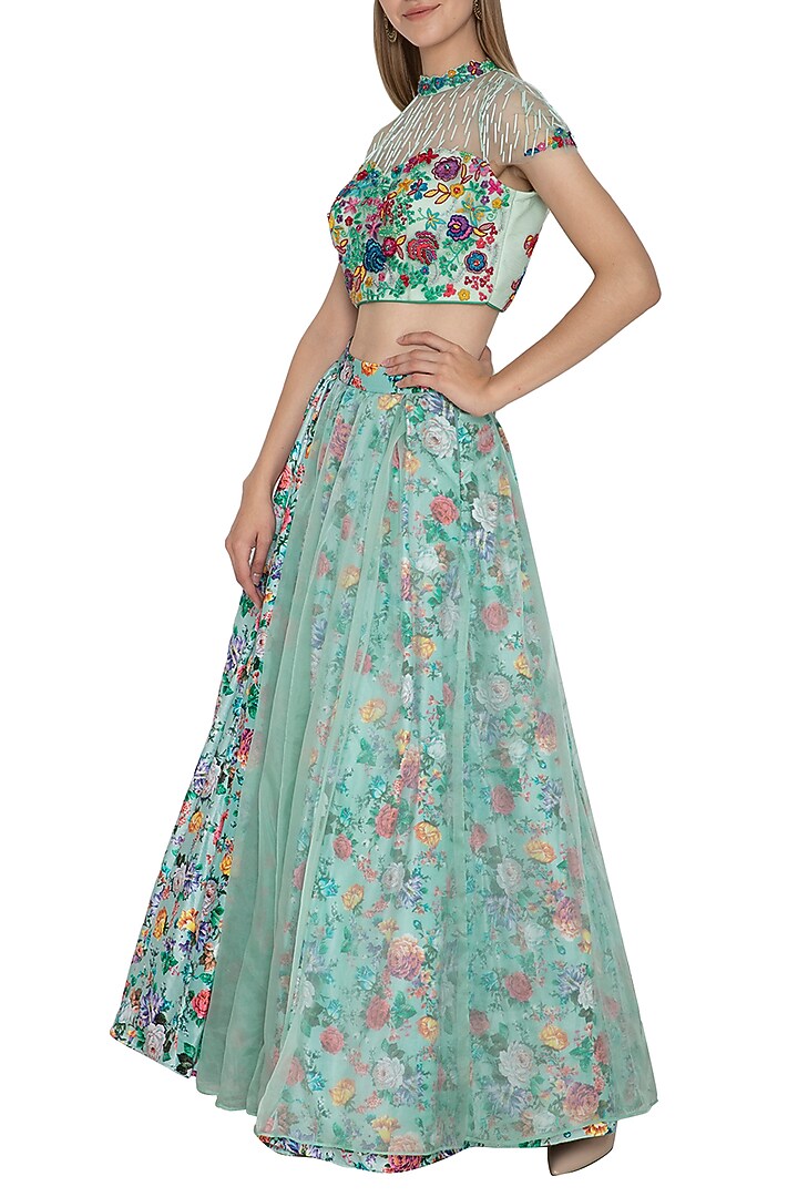 Blue Floral Printed & Embroidered Crop Top With Skirt by Amit Sachdeva at Pernia's Pop Up Shop
