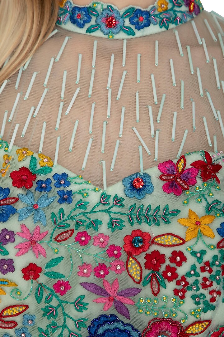 Blue Floral Printed & Embroidered Crop Top With Skirt by Amit Sachdeva at Pernia's Pop Up Shop