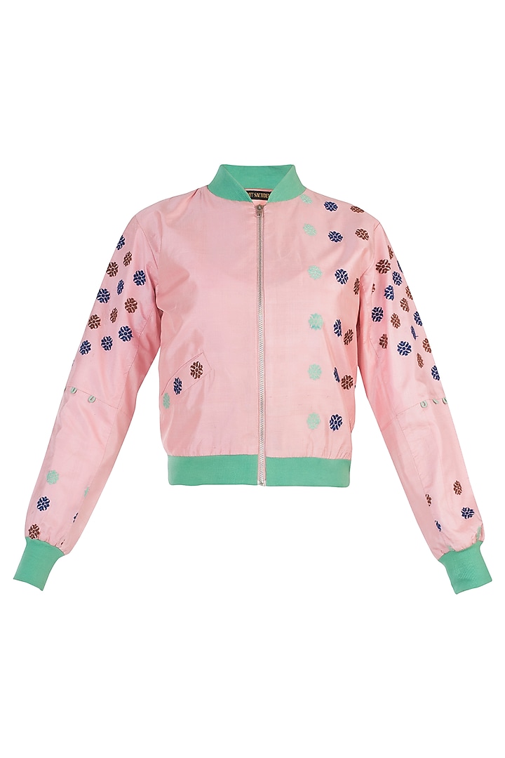 Powder pink floral motifs bomber jacket by AMIT SACHDEVA