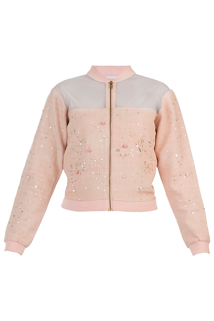 Peach embellished bomber jacket by AMIT SACHDEVA