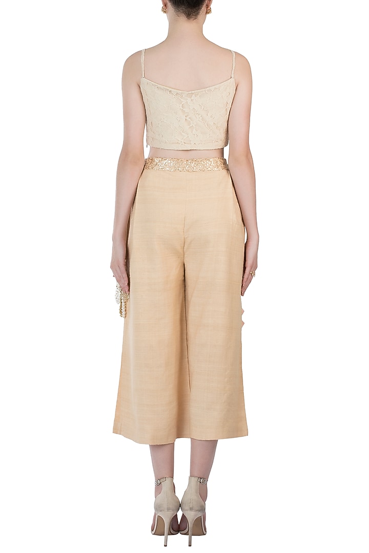Peach embellished sheer cut tunic with gold palazzo pants available only at Pernia's Pop Up Shop.