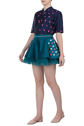Teal circular pleated skirt by AMIT SACHDEVA