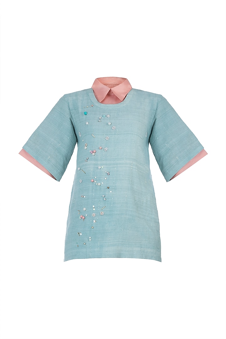 Powder blue embellished playsuit available only at Pernia's Pop Up Shop.