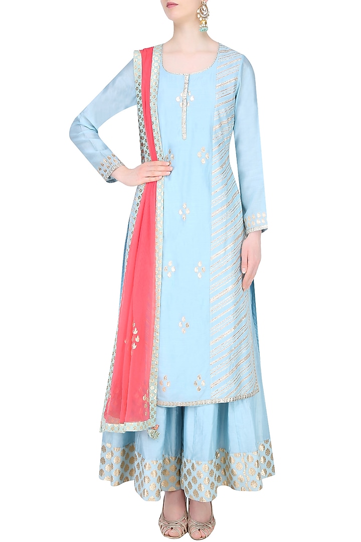 Pale blue and red embroidered sharara set available only at Pernia's Pop Up Shop.