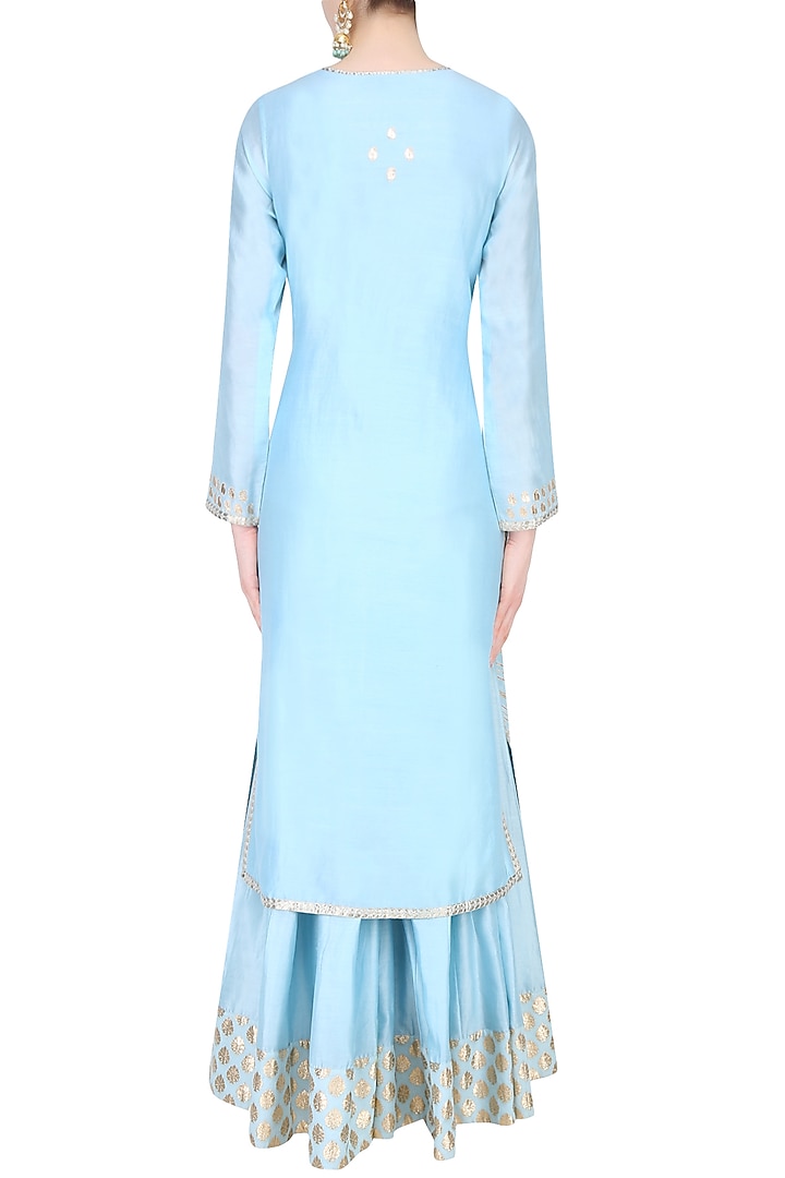 Pale blue and red embroidered sharara set available only at Pernia's Pop Up Shop.