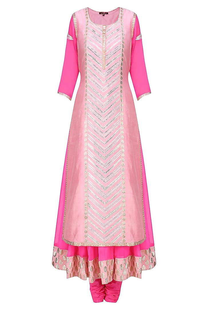 Pink and  Contrast Pale Pink Embroidered Layer Kalidaar Set by Amrita Thakur