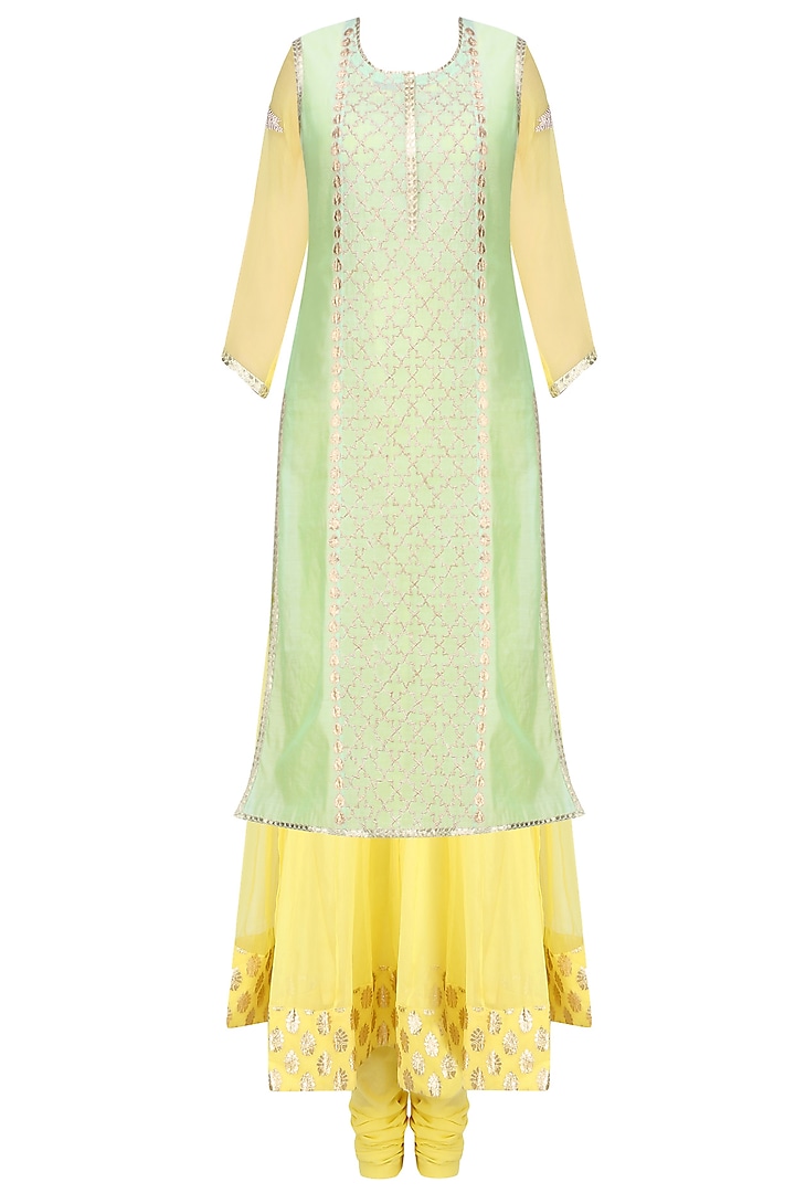 Mint Green and  Pale Yellow Embroidered Layer Kalidaar Set by Amrita Thakur