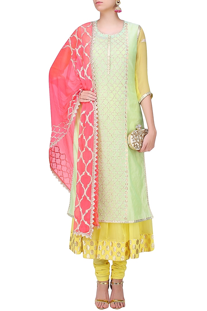 Mint green and pale yellow embroidered layer kalidaar set available only at Pernia's Pop Up Shop.