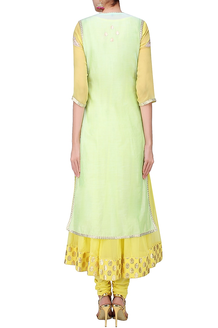 Mint green and pale yellow embroidered layer kalidaar set available only at Pernia's Pop Up Shop.