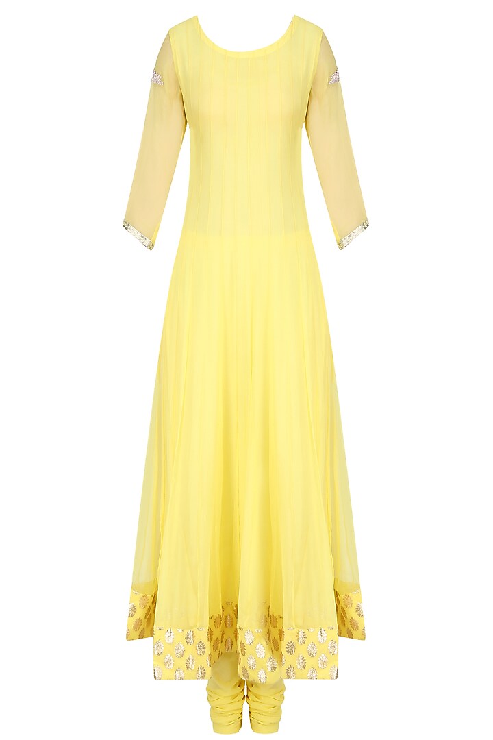 Mint green and pale yellow embroidered layer kalidaar set available only at Pernia's Pop Up Shop.