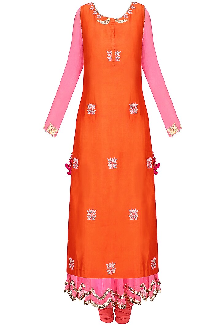Pink and orange embroidered layer kalidaar set available only at Pernia's Pop Up Shop.