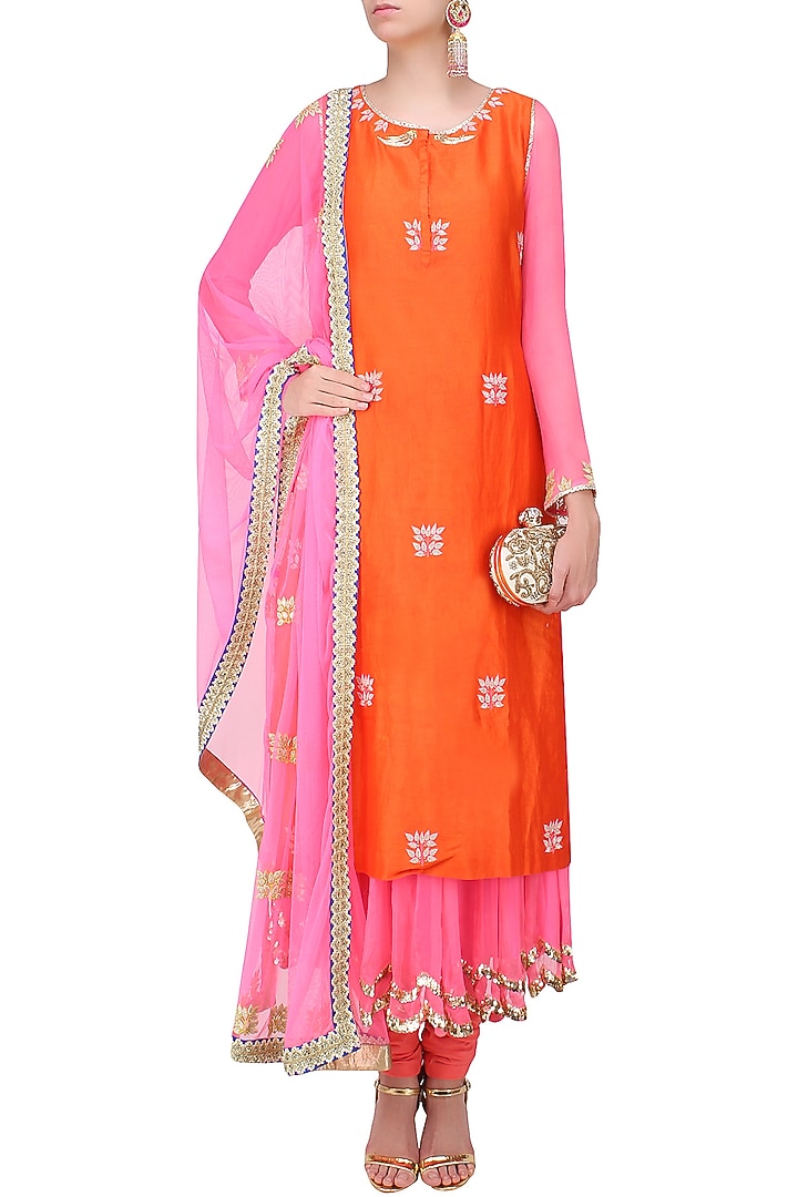 Pink and orange embroidered layer kalidaar set available only at Pernia's Pop Up Shop.