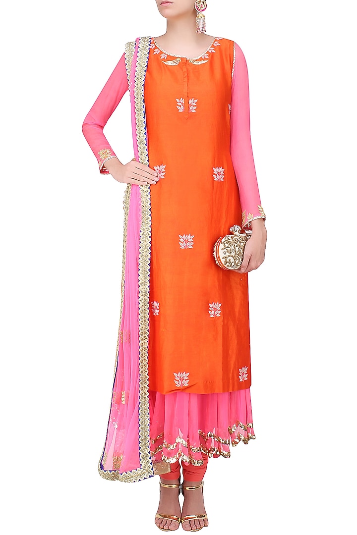Pink and orange embroidered layer kalidaar set available only at Pernia's Pop Up Shop.