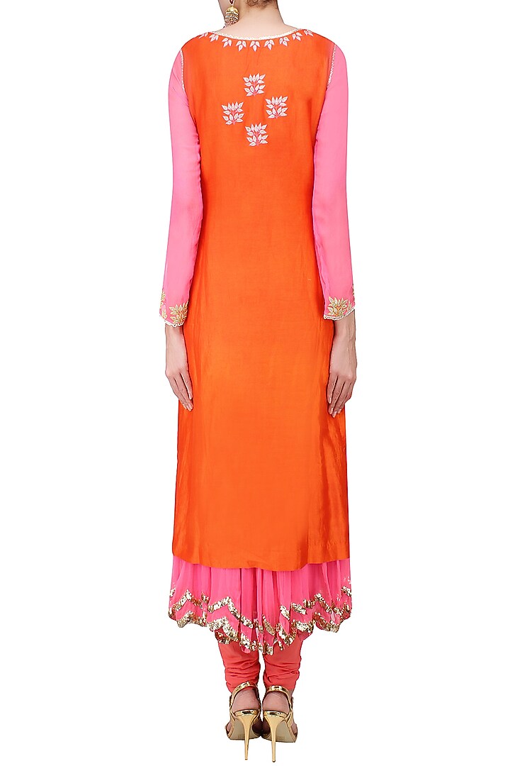 Pink and orange embroidered layer kalidaar set available only at Pernia's Pop Up Shop.