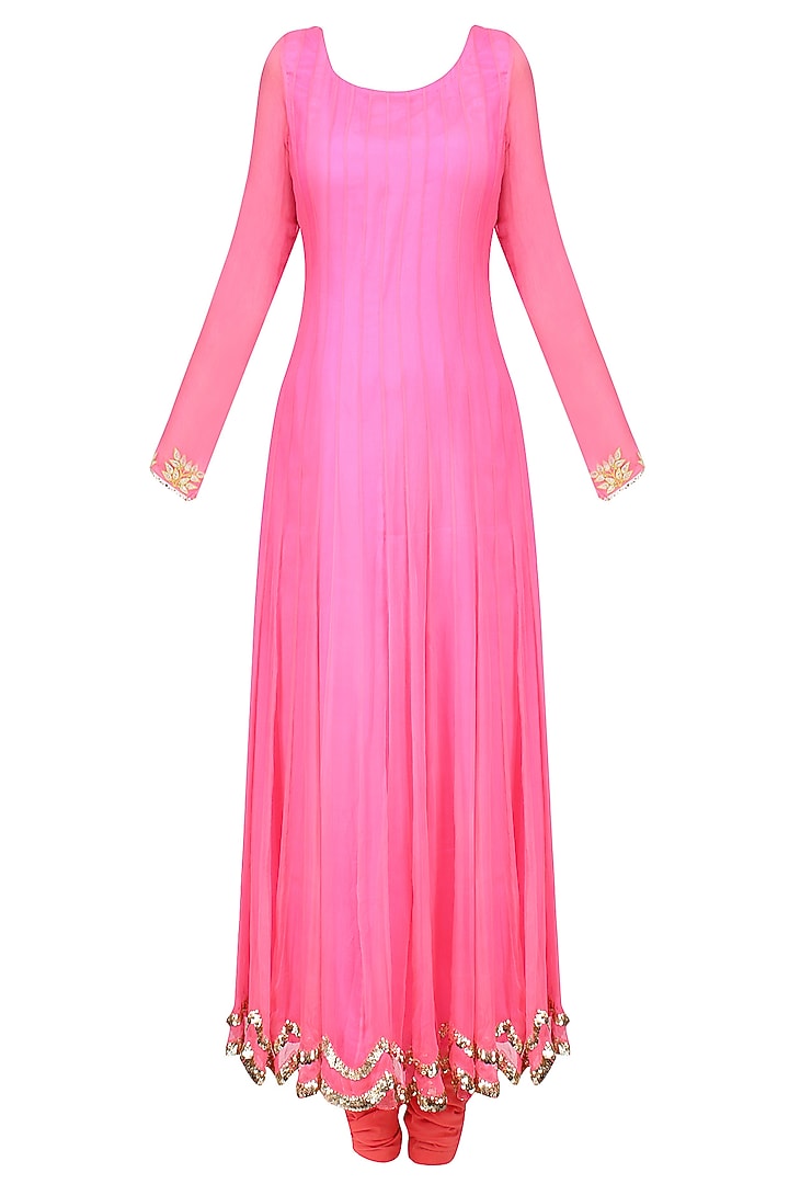 Pink and orange embroidered layer kalidaar set available only at Pernia's Pop Up Shop.