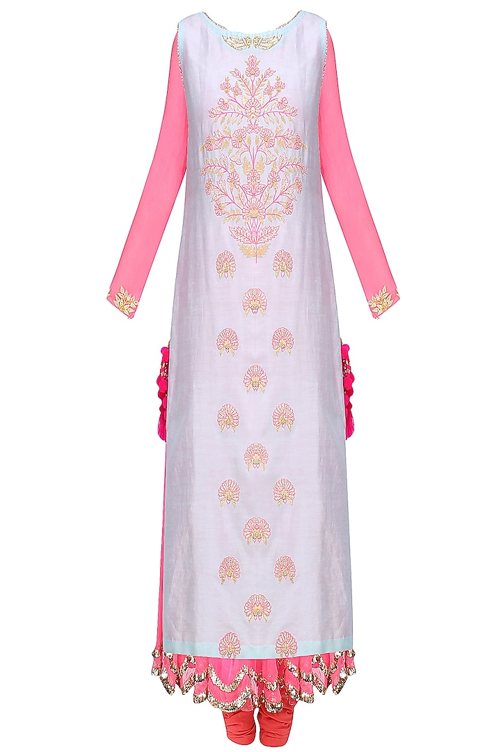 Pink and  Pale Blue Embroidered Layer Kalidaar Set by Amrita Thakur