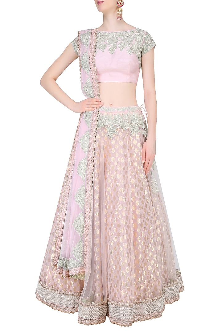 Light pink and mint green embroidered lehenga set available only at Pernia's Pop Up Shop.
