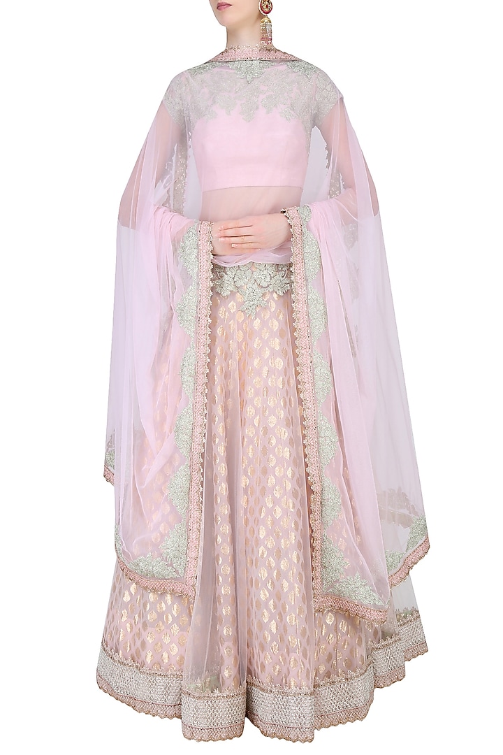 Light pink and mint green embroidered lehenga set available only at Pernia's Pop Up Shop.