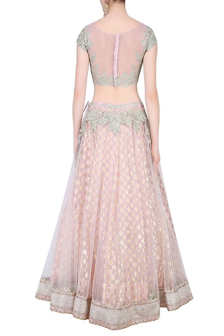 Light pink and mint green embroidered lehenga set available only at Pernia's Pop Up Shop.