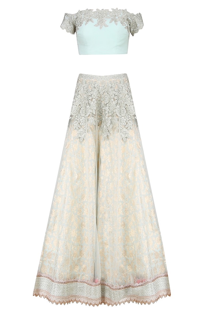 Ice blue embroidered lehenga set available only at Pernia's Pop Up Shop.
