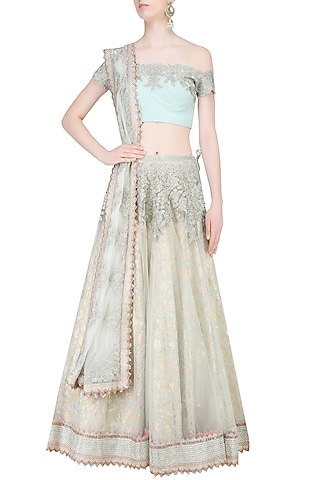 Ice Blue Embroidered Lehenga Set by Amrita Thakur