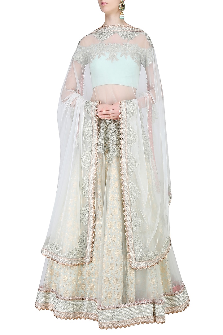 Ice blue embroidered lehenga set available only at Pernia's Pop Up Shop.