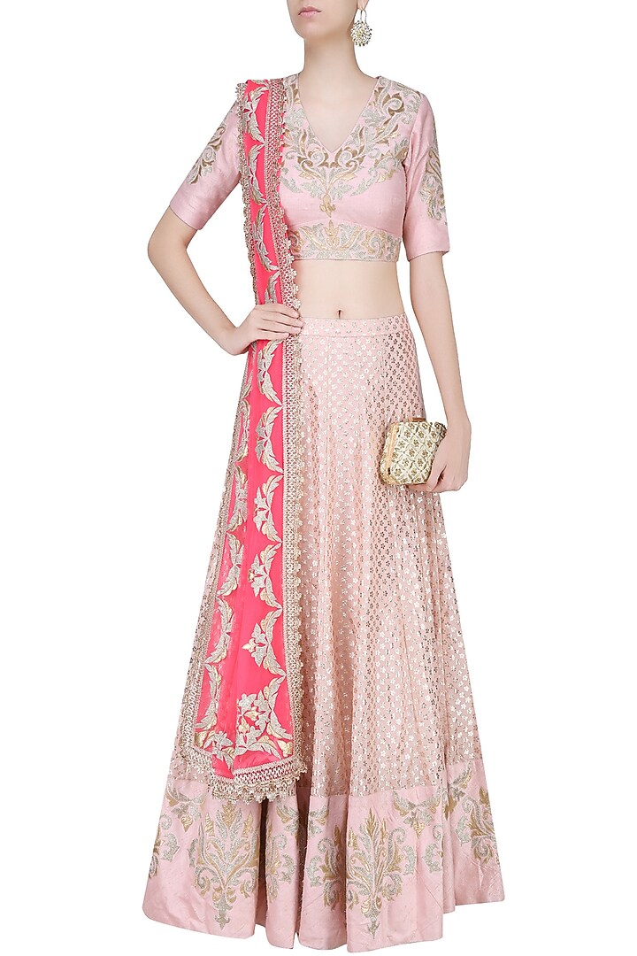 Pale pink embroidered lehenga set available only at Pernia's Pop Up Shop.