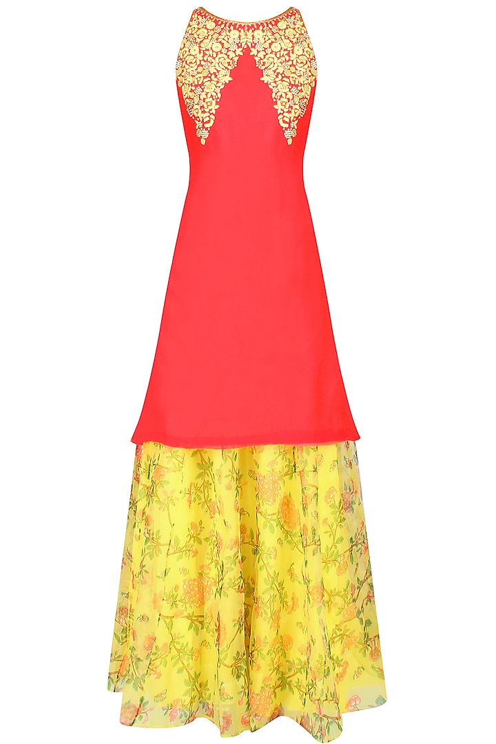Red Resham Embroidered Kurta Set With Yellow Floral Printed Skirt by Amrita Thakur