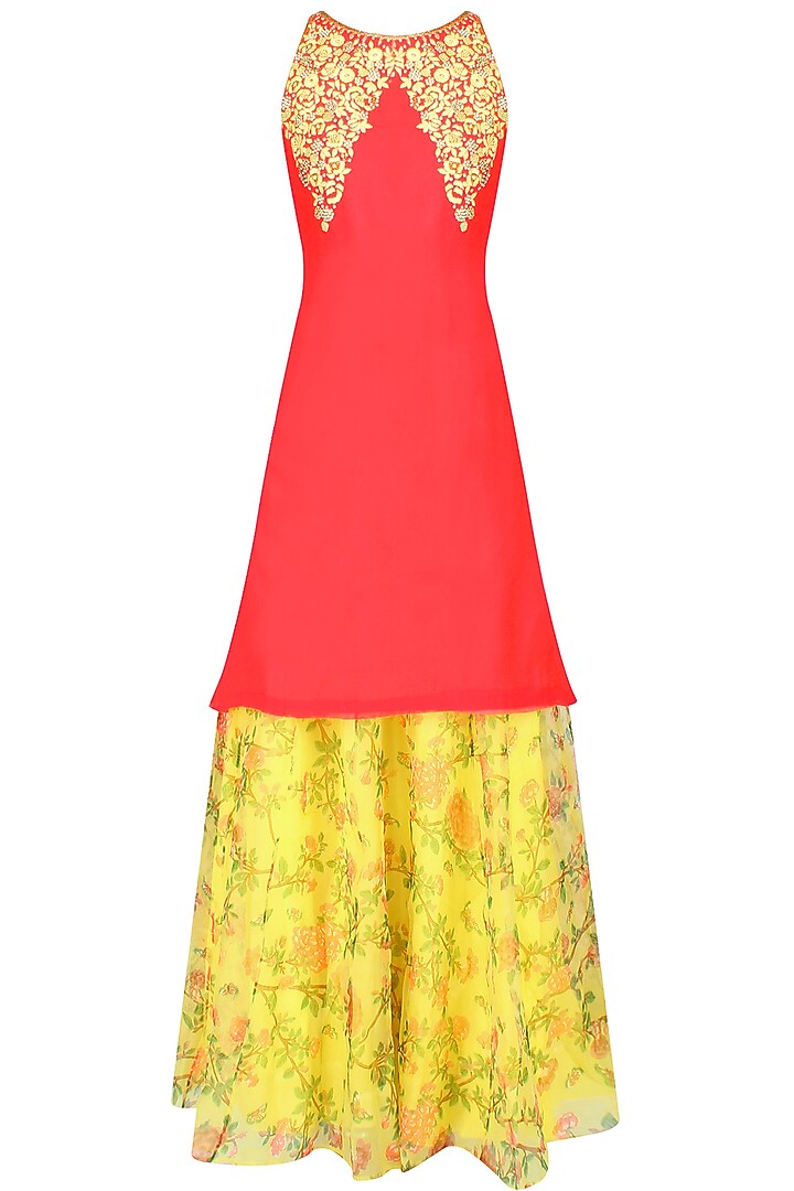 Red resham embroidered kurta set with yellow floral printed skirt available only at Pernia's Pop Up Shop.