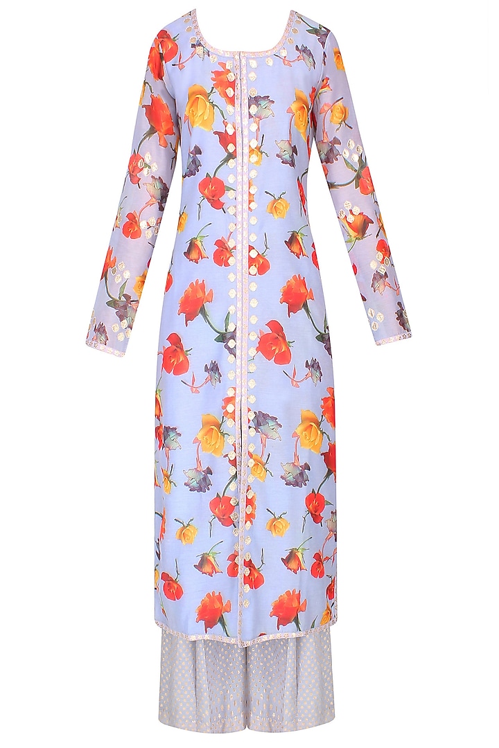 Grey floral printed straight fit kurta set with brocade palazzo pants available only at Pernia's Pop Up Shop.