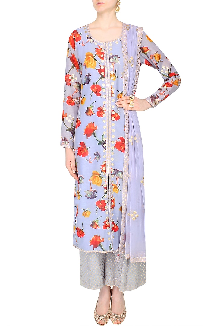 Grey floral printed straight fit kurta set with brocade palazzo pants available only at Pernia's Pop Up Shop.