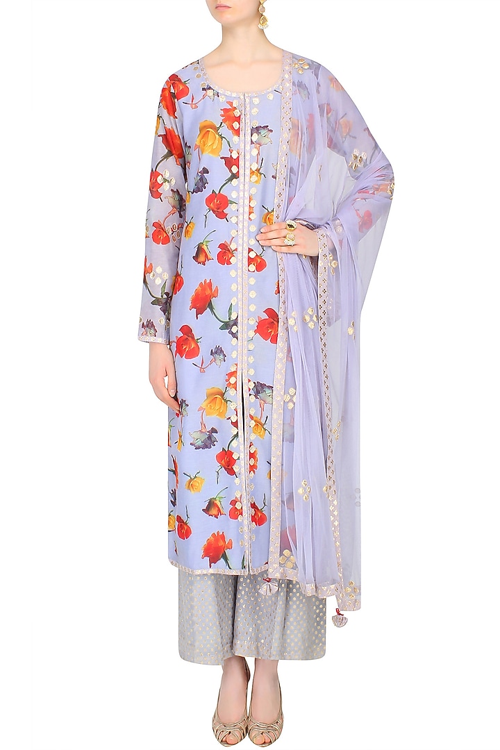 Grey floral printed straight fit kurta set with brocade palazzo pants available only at Pernia's Pop Up Shop.
