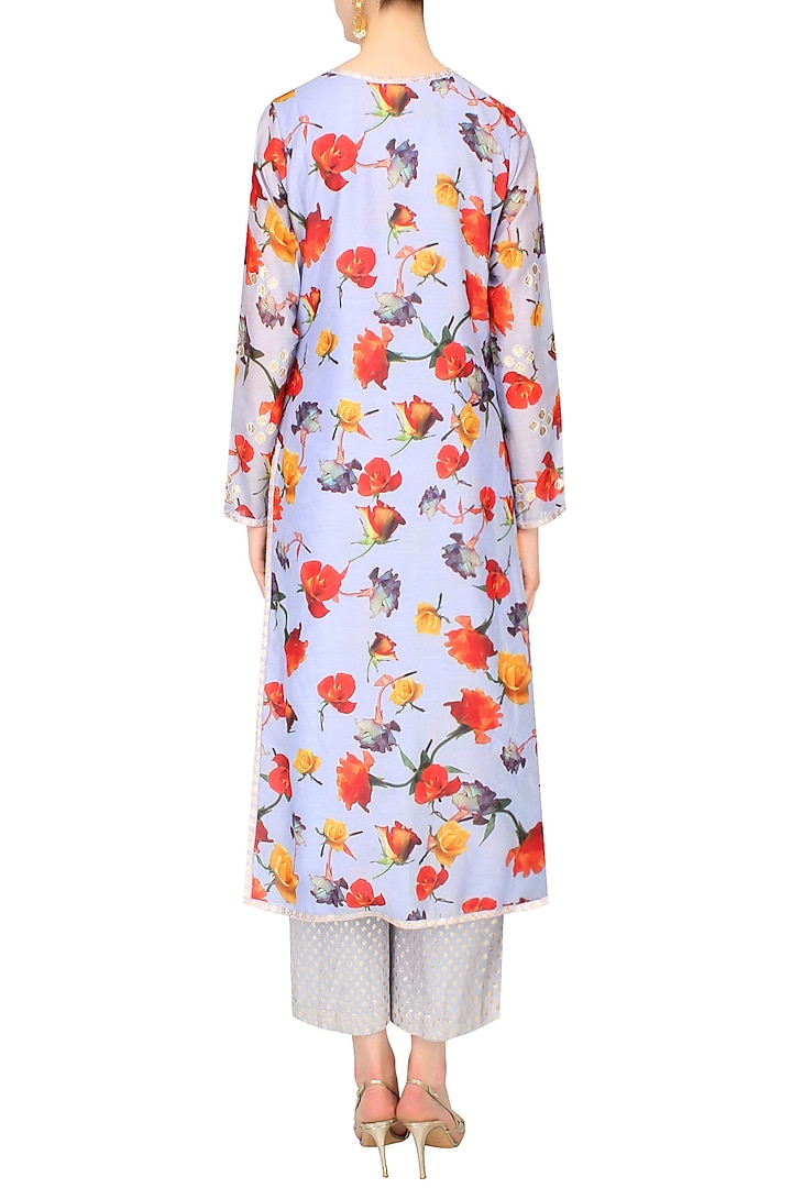 Grey floral printed straight fit kurta set with brocade palazzo pants available only at Pernia's Pop Up Shop.