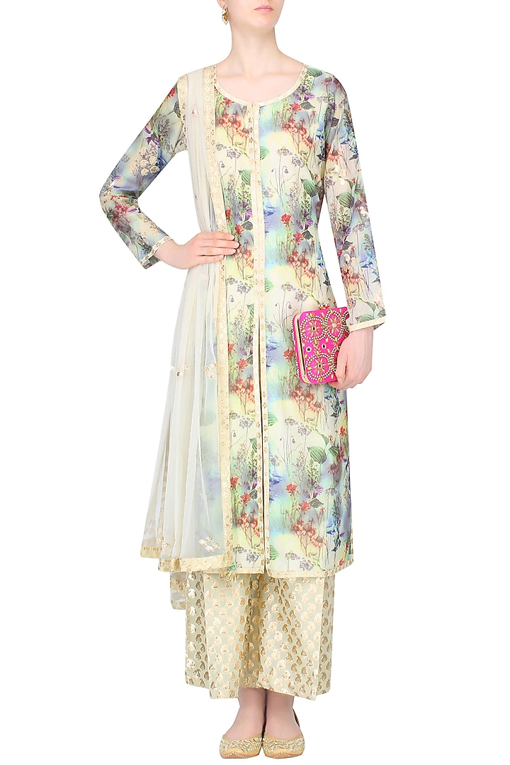 Pale yellow floral printed kurta set with brocade palazzo pants available only at Pernia's Pop Up Shop.