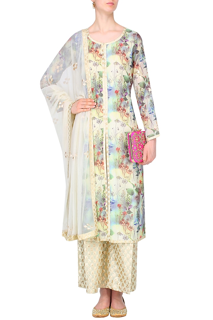 Pale yellow floral printed kurta set with brocade palazzo pants available only at Pernia's Pop Up Shop.