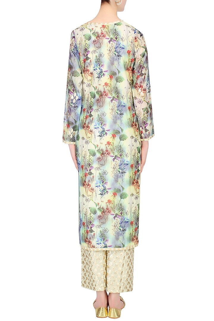 Pale yellow floral printed kurta set with brocade palazzo pants available only at Pernia's Pop Up Shop.