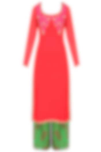 Red resham embroidered kurta set with green floral printed palazzo pants available only at Pernia's Pop Up Shop.
