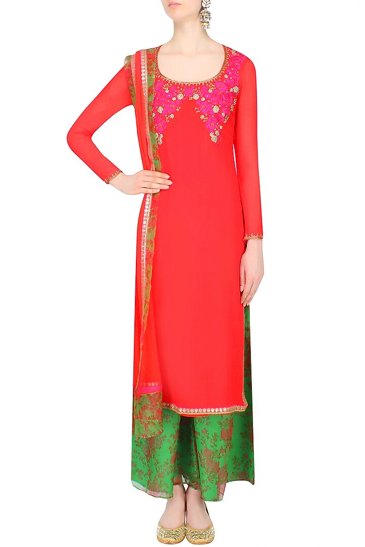 Red resham embroidered kurta set with green floral printed palazzo pants available only at Pernia's Pop Up Shop.