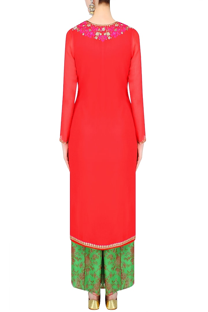 Red resham embroidered kurta set with green floral printed palazzo pants available only at Pernia's Pop Up Shop.