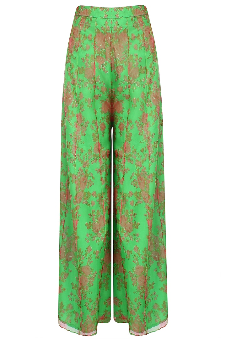 Red resham embroidered kurta set with green floral printed palazzo pants available only at Pernia's Pop Up Shop.