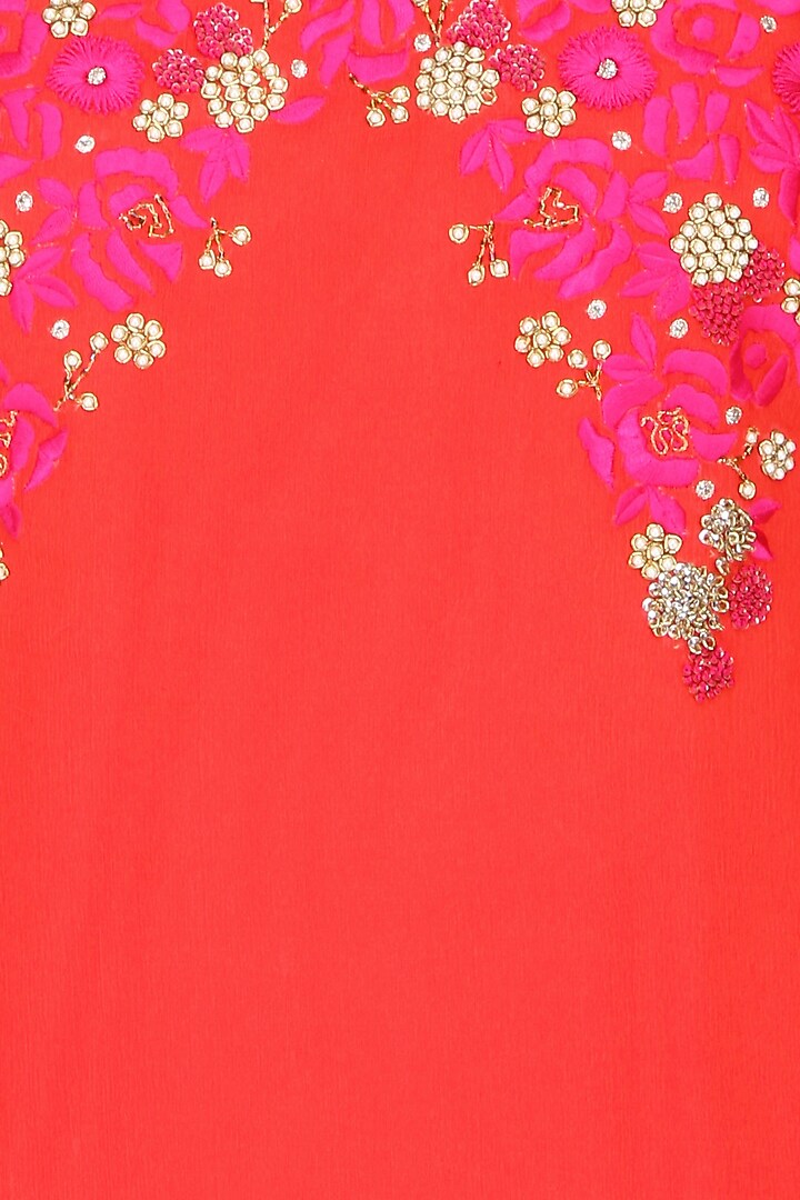 Red resham embroidered kurta set with green floral printed palazzo pants available only at Pernia's Pop Up Shop.