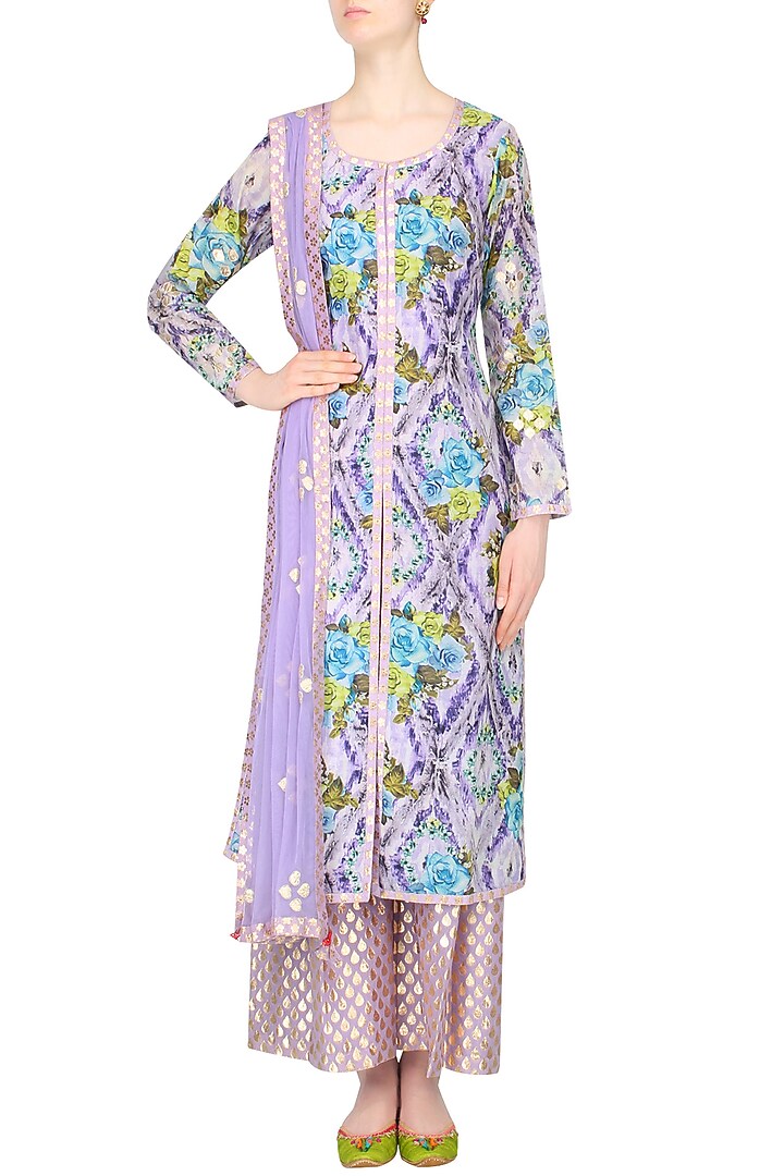 Lavender floral printed kurta set with brocade palazzo pants available only at Pernia's Pop Up Shop.