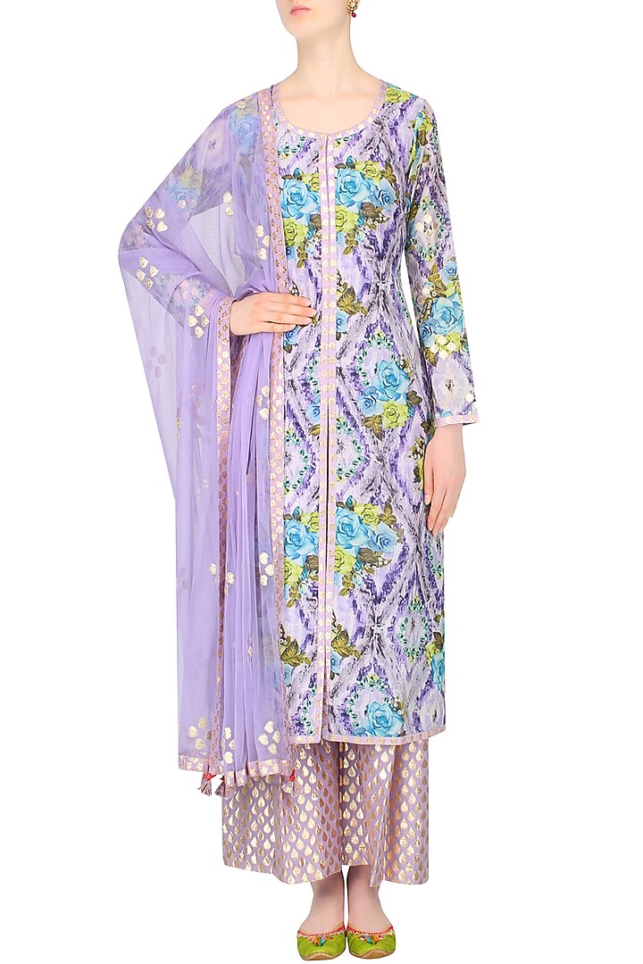 Lavender floral printed kurta set with brocade palazzo pants available only at Pernia's Pop Up Shop.