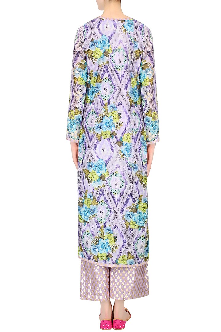 Lavender floral printed kurta set with brocade palazzo pants available only at Pernia's Pop Up Shop.