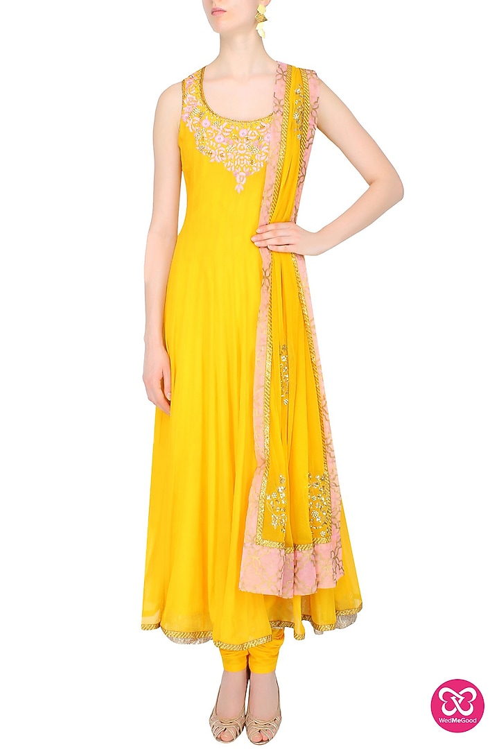 Mustard yellow floral embroidered anarkali set available only at Pernia's Pop Up Shop.