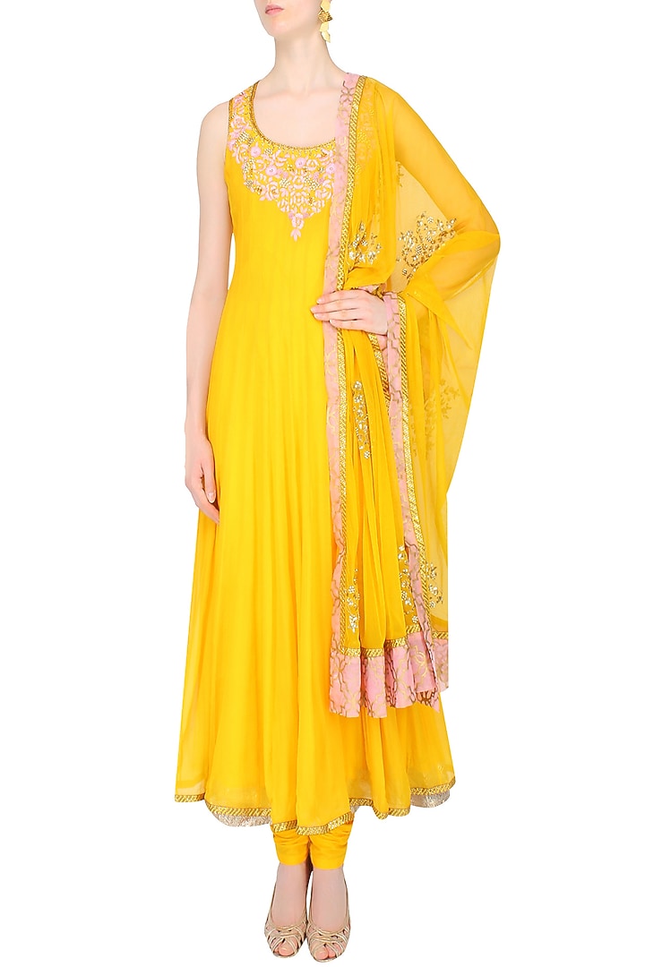Mustard yellow floral embroidered anarkali set available only at Pernia's Pop Up Shop.