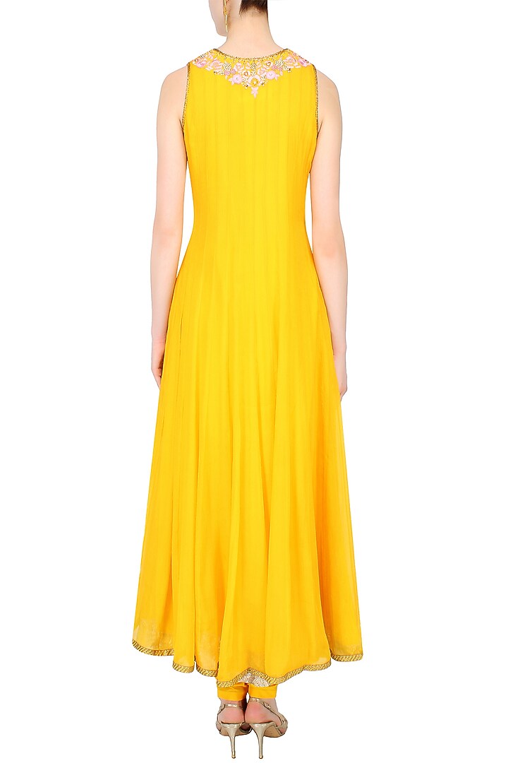 Mustard yellow floral embroidered anarkali set available only at Pernia's Pop Up Shop.