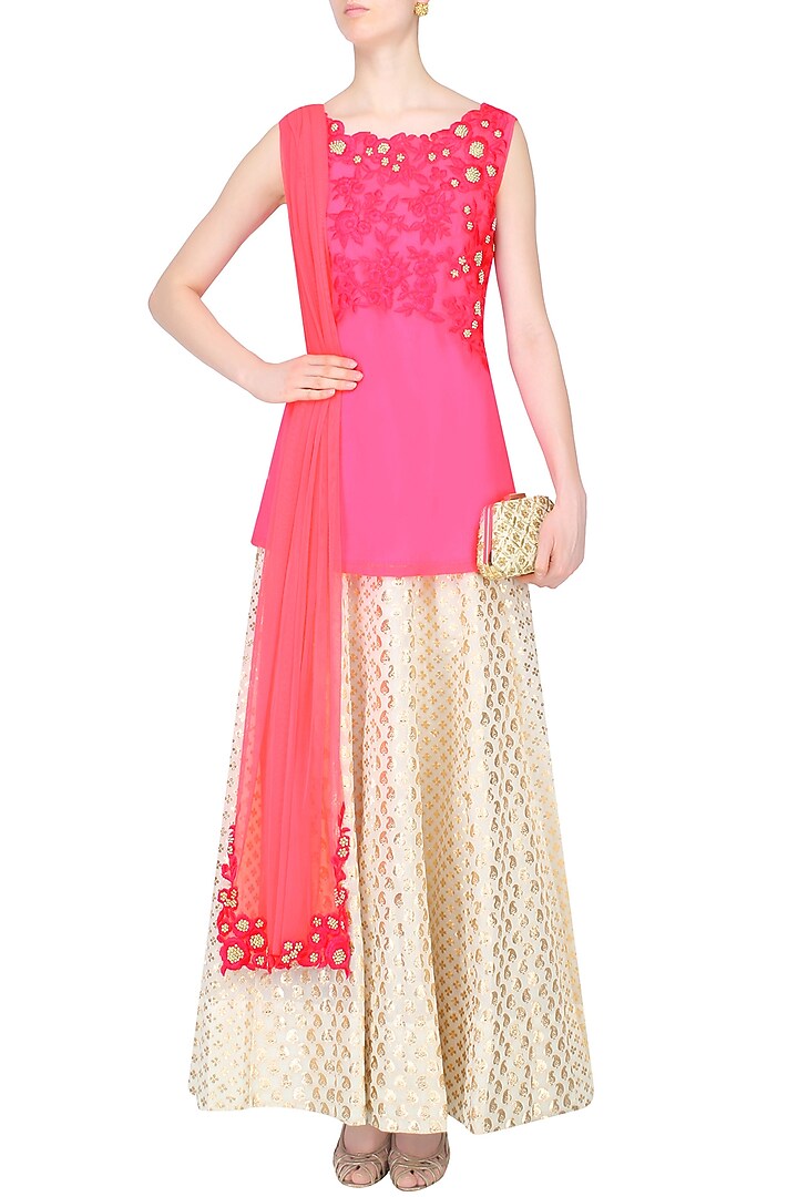 Pink floral embroidered high low kurta set with ivory brocade skirt available only at Pernia's Pop Up Shop.
